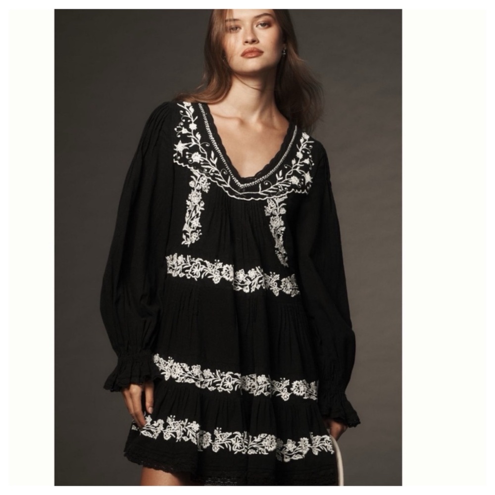 NWT Anthropologie Long-Sleeve Embroidered
Pintuck Swing Mini Dress, M Petite